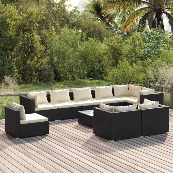 Salon de jardin 10 pcs avec coussins Résine tressée Noir