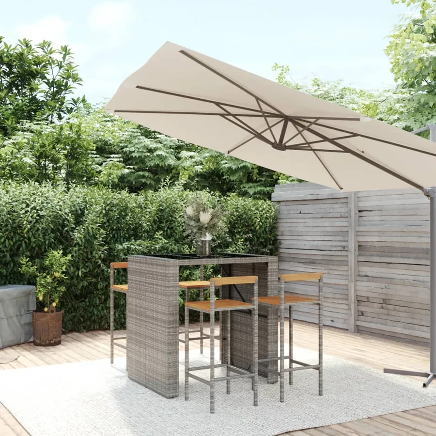 Ensemble de bar jardin 5 pcs gris poly rotin/bois massif acacia