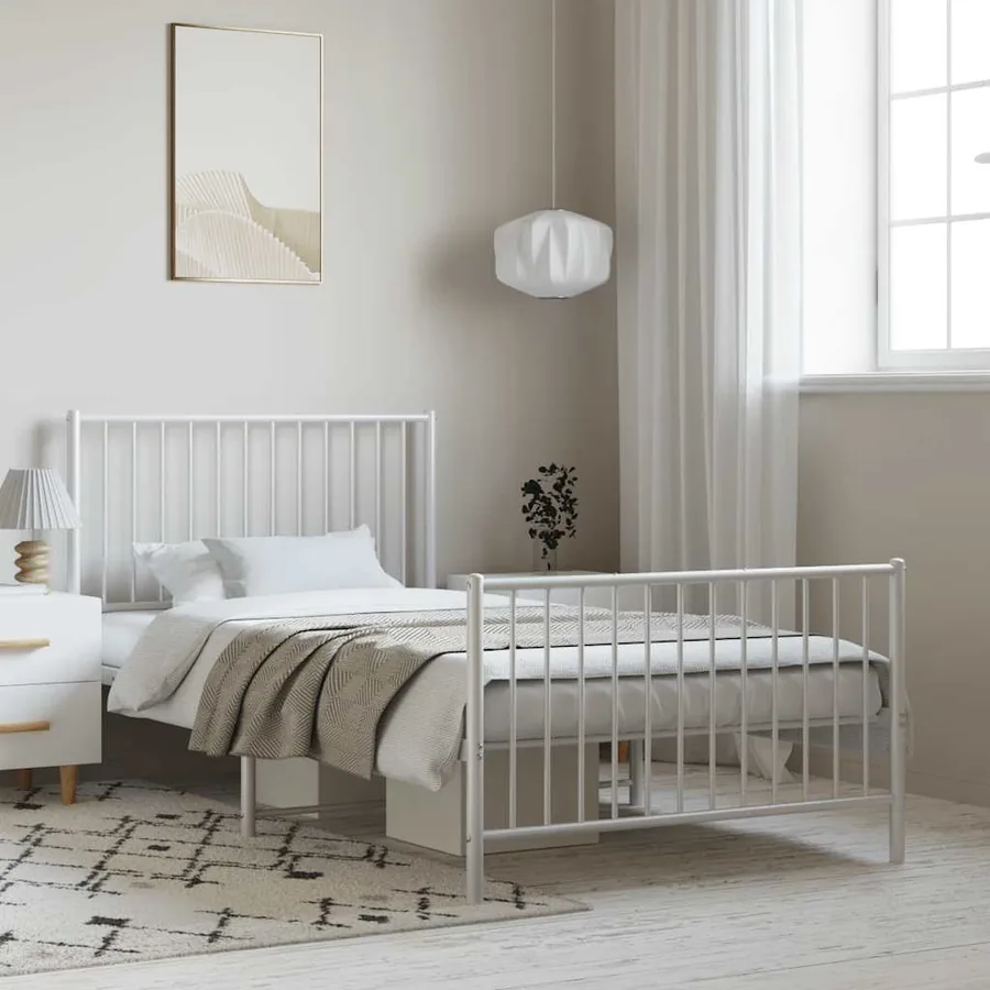 Cadre de lit métal sans matelas et pied de lit blanc 100x200 cm