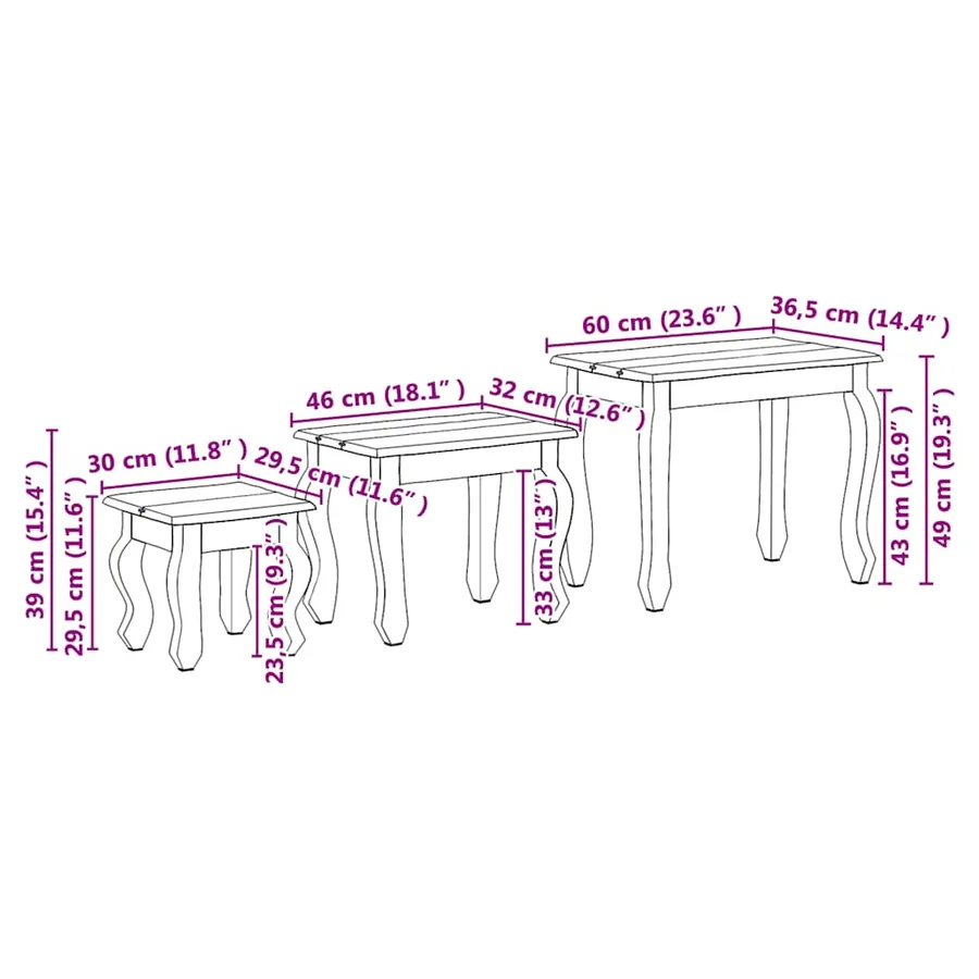 Ensemble de tables gigognes 3 pcs bois d'acajou massif - 15