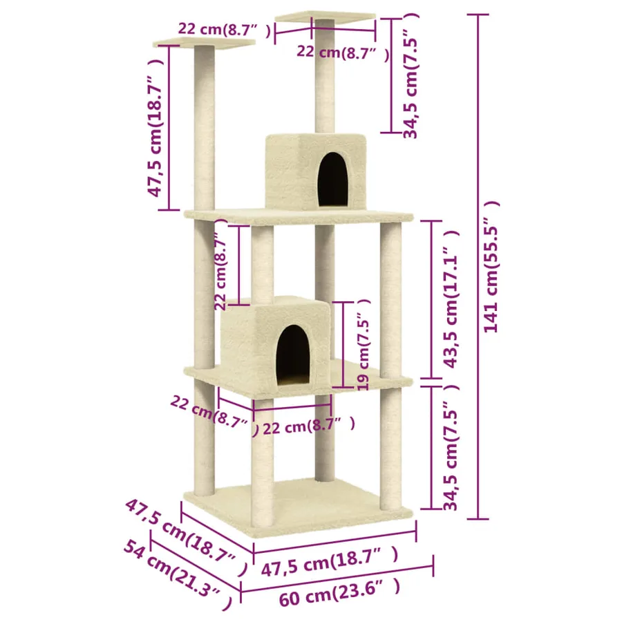 Arbre à chat avec griffoirs en sisal Crème 141 cm - 8
