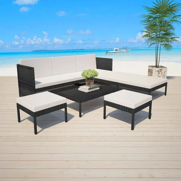 Salon de jardin 6 pcs avec coussins résine tressée noir