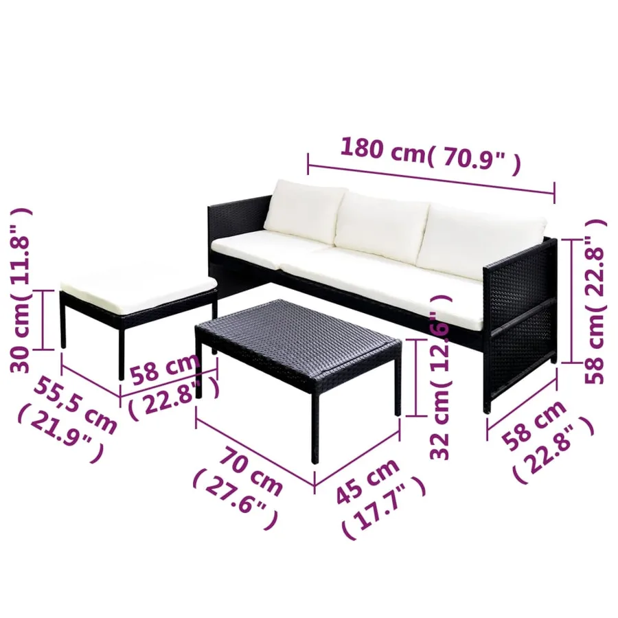 Salon de jardin 3 pcs avec coussins Résine tressée Noir - 7