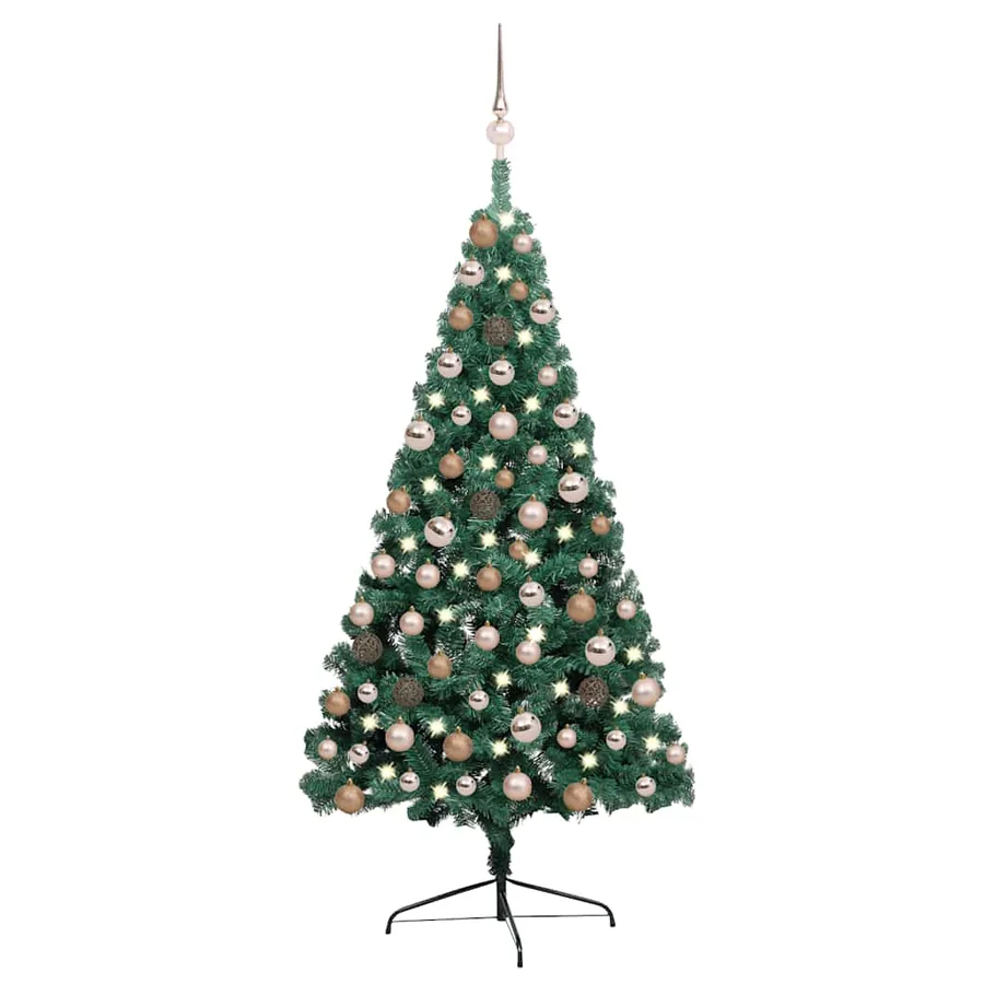 Demi-arbre de Noël artificiel pré-éclairé et boules vert 120 cm