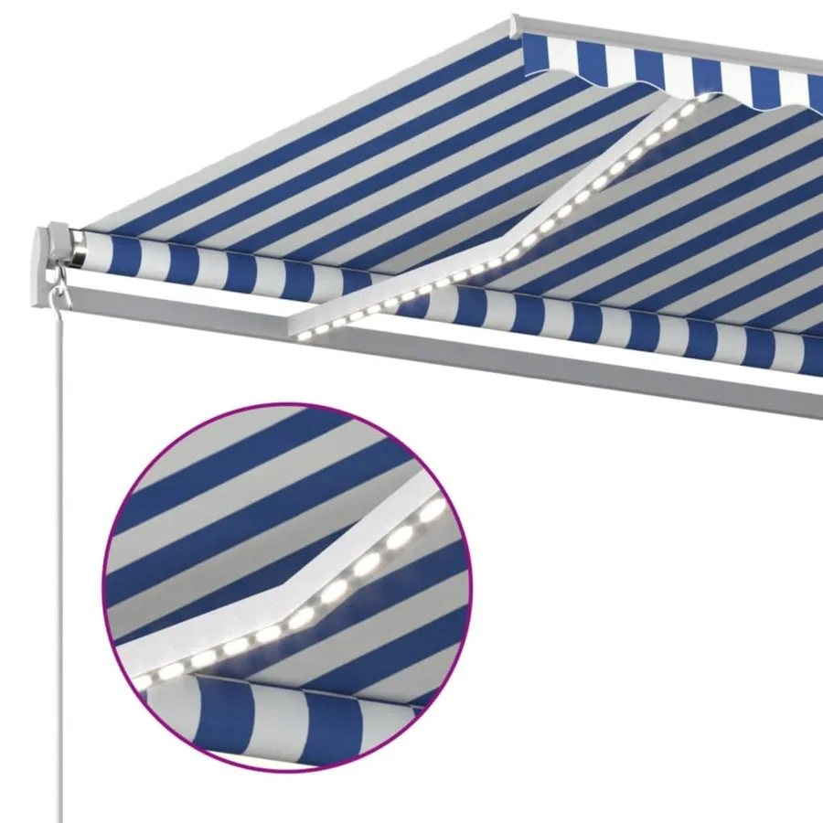 Auvent manuel rétractable avec LED 500x350 cm Bleu et blanc - 4