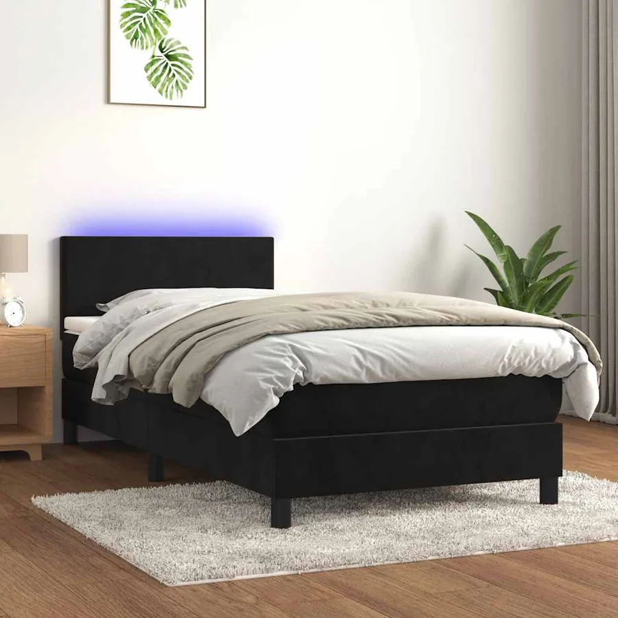 Sommier à lattes de lit avec matelas LED Noir 90x190 cm Velours