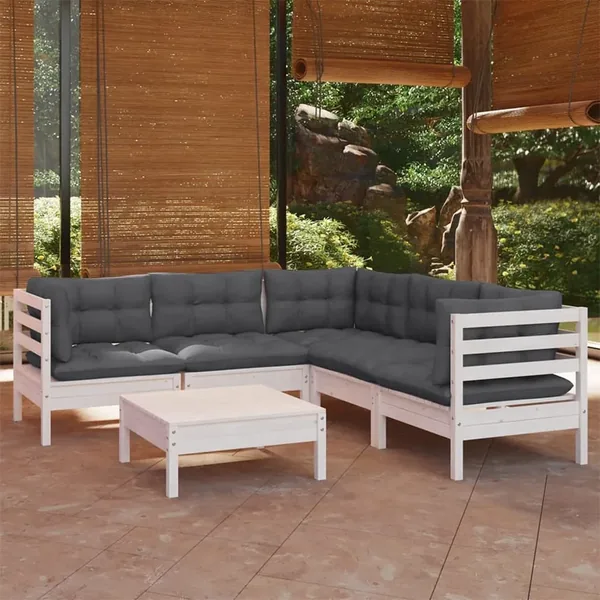 Salon de jardin 6 pcs avec coussins blanc bois de pin massif
