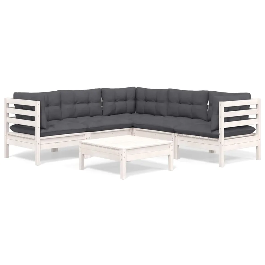 Salon de jardin 6 pcs avec coussins blanc bois de pin massif - 2
