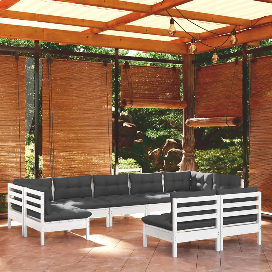 Salon de jardin 9 pcs avec coussins blanc bois de pin massif
