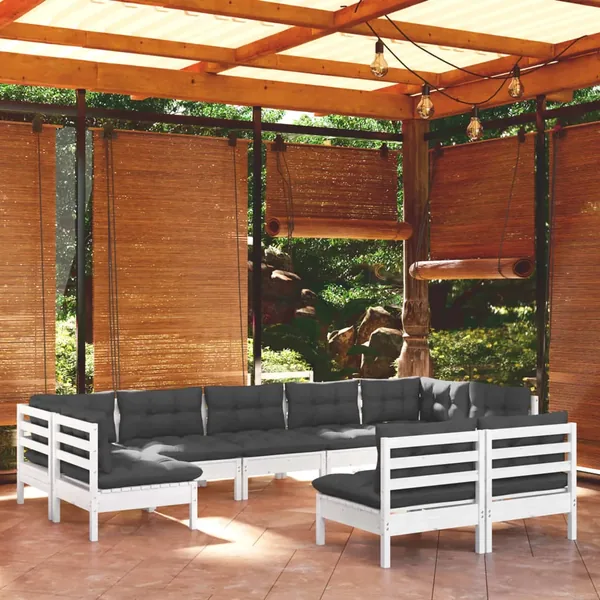 Salon de jardin 9 pcs avec coussins blanc bois de pin massif