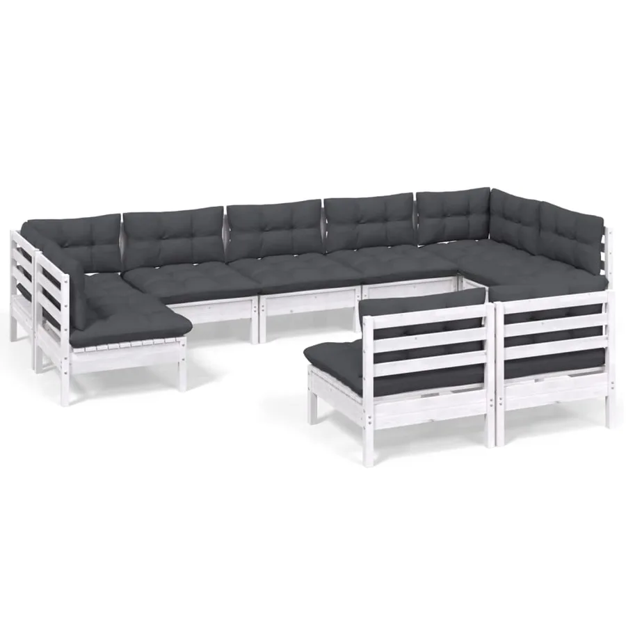 Salon de jardin 9 pcs avec coussins blanc bois de pin massif - 2
