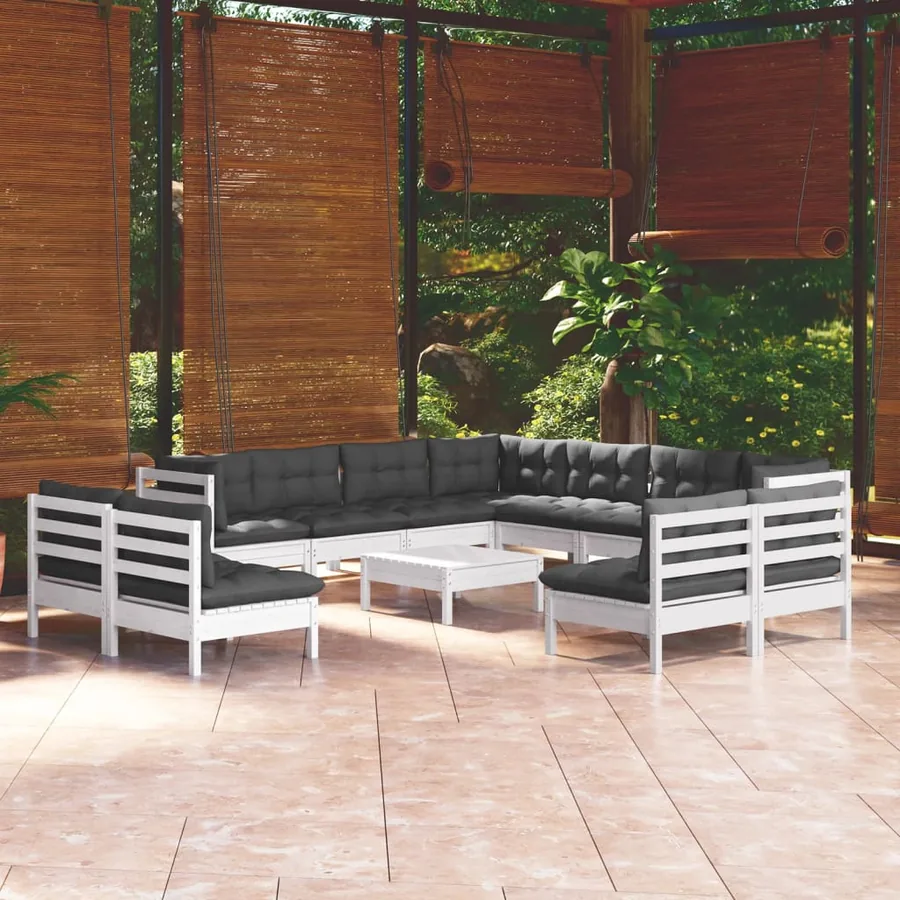 Salon de jardin 12 pcs avec coussins blanc bois de pin solide