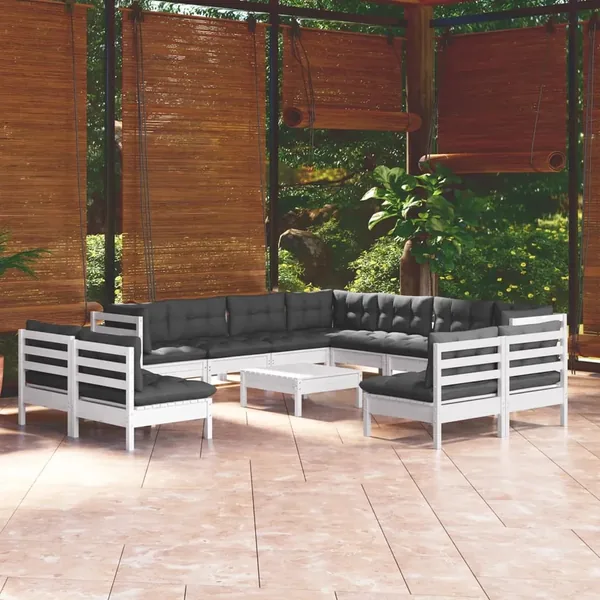 Salon de jardin 12 pcs avec coussins blanc bois de pin solide