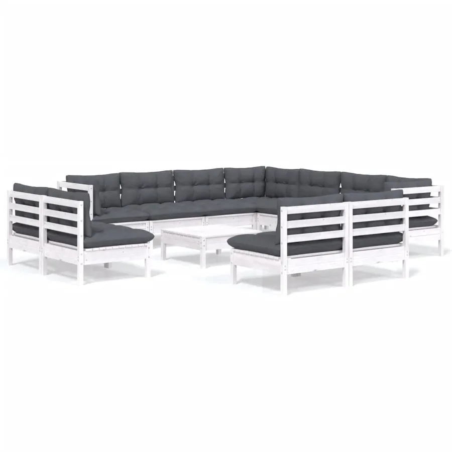 Salon de jardin 12 pcs avec coussins blanc bois de pin solide - 2