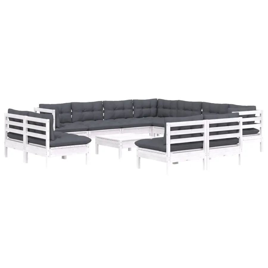 Salon de jardin 12 pcs avec coussins blanc bois de pin solide - 3