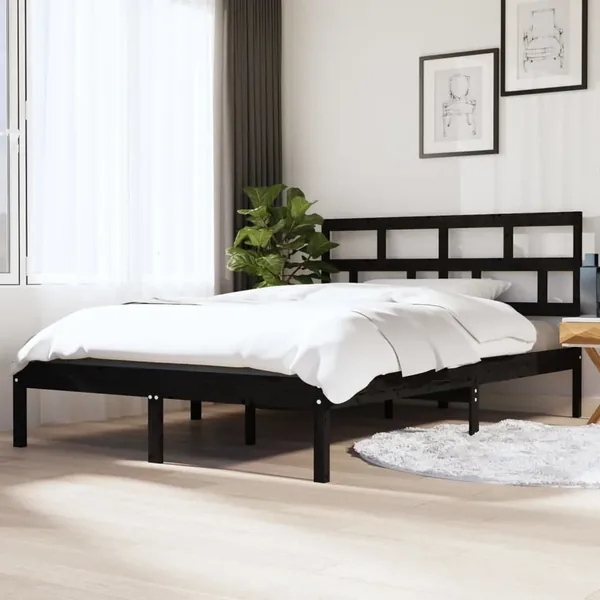 Cadre de lit sans matelas noir bois massif 140x190 cm