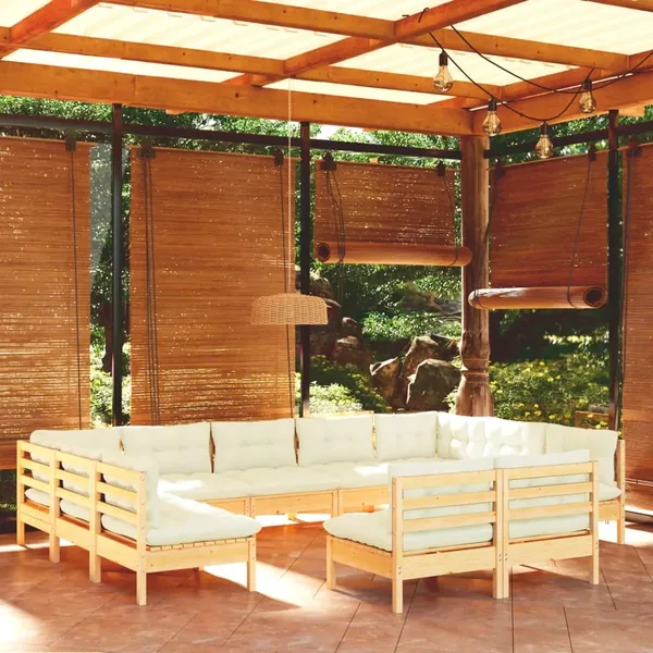Salon de jardin 11 pcs avec coussins crème Bois de pin solide