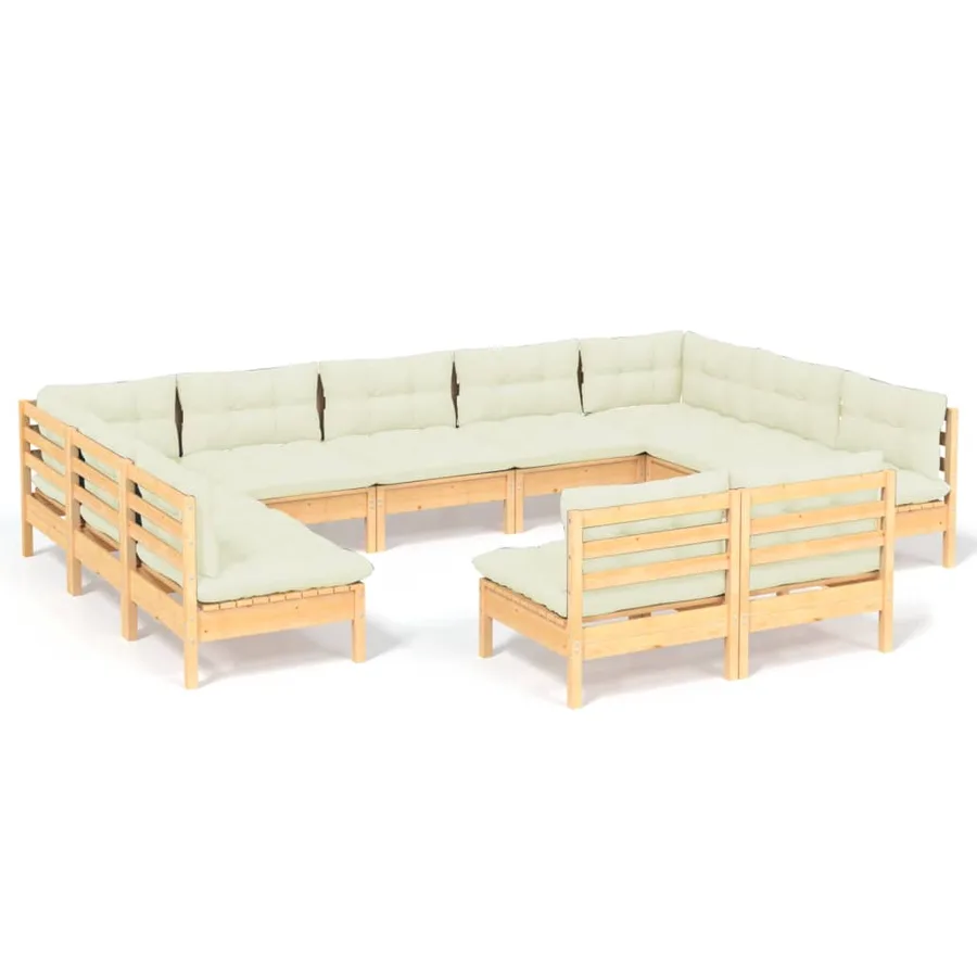 Salon de jardin 11 pcs avec coussins crème Bois de pin solide - 2
