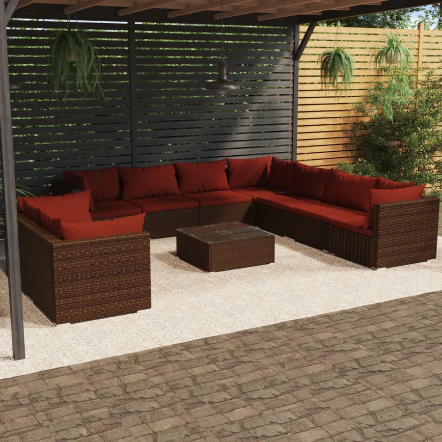 Salon de jardin 10 pcs avec coussins marron résine tressée