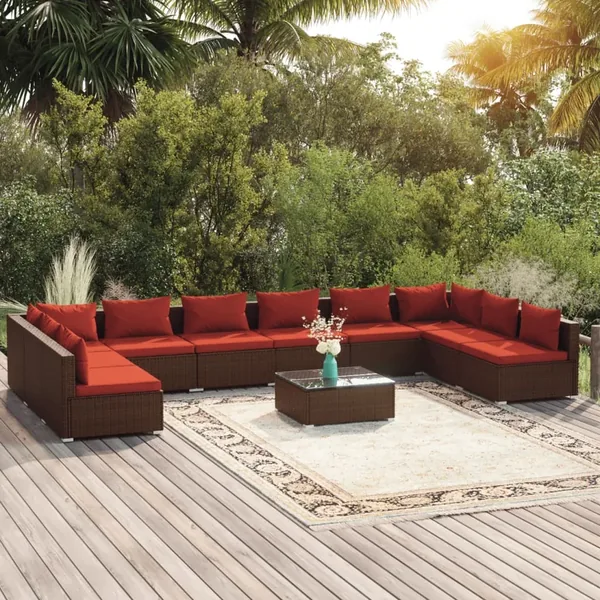 Salon de jardin 11 pcs avec coussins Résine tressée Marron