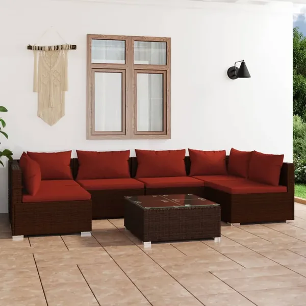 Salon de jardin 7 pcs avec coussins Résine tressée Marron