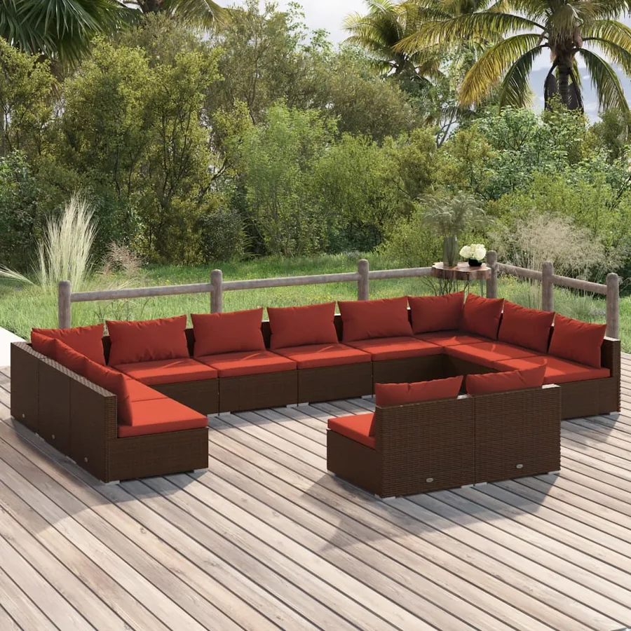 Salon de jardin 12 pcs avec coussins Marron Résine tressée
