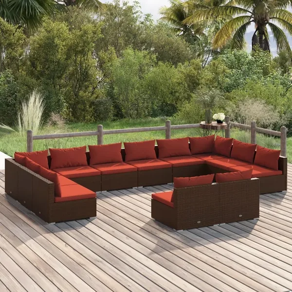 Salon de jardin 12 pcs avec coussins Marron Résine tressée