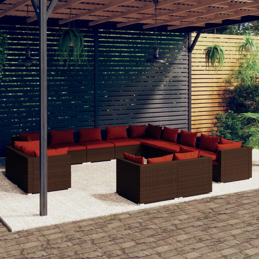Salon de jardin 13 pcs avec coussins Marron Résine tressée