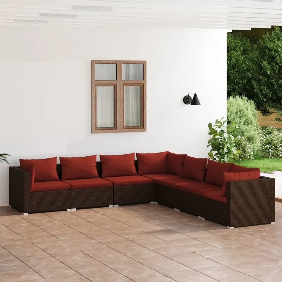 Salon de jardin 7 pcs avec coussins Résine tressée Marron