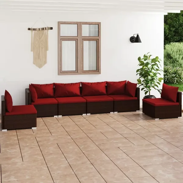 Salon de jardin 6 pcs avec coussins Résine tressée Marron