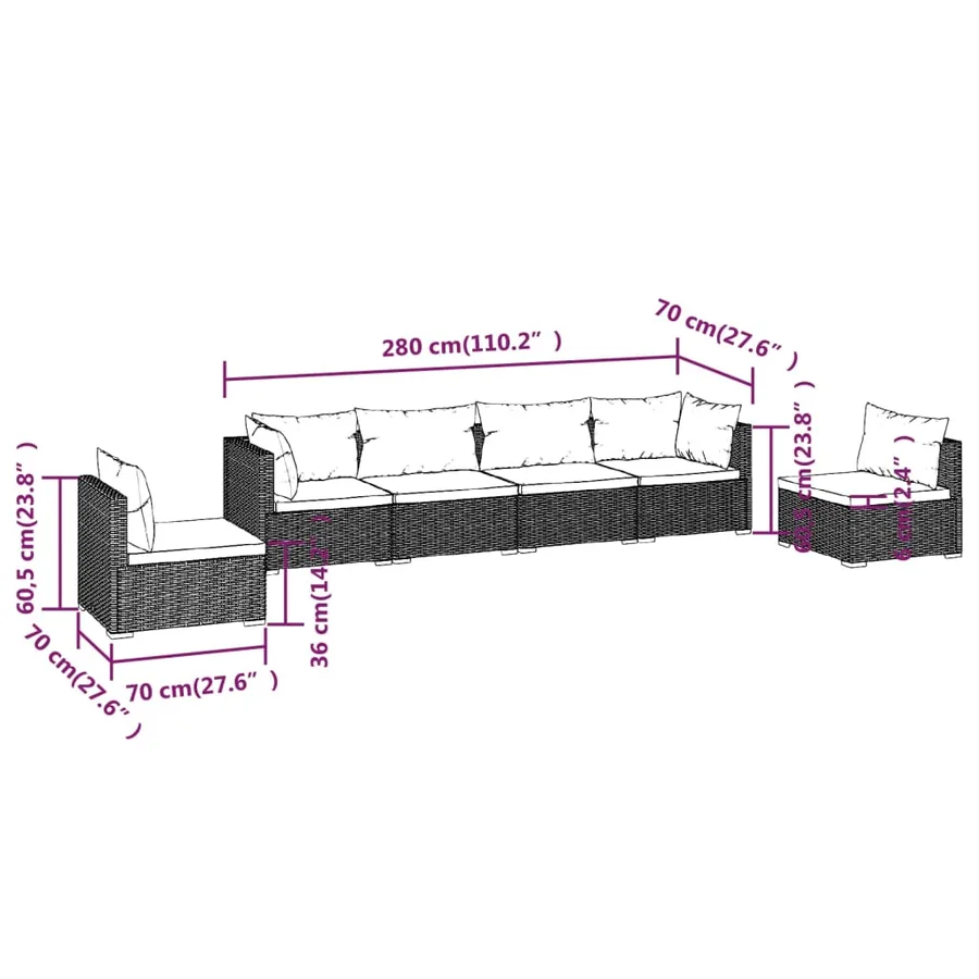 Salon de jardin 6 pcs avec coussins Résine tressée Marron - 7