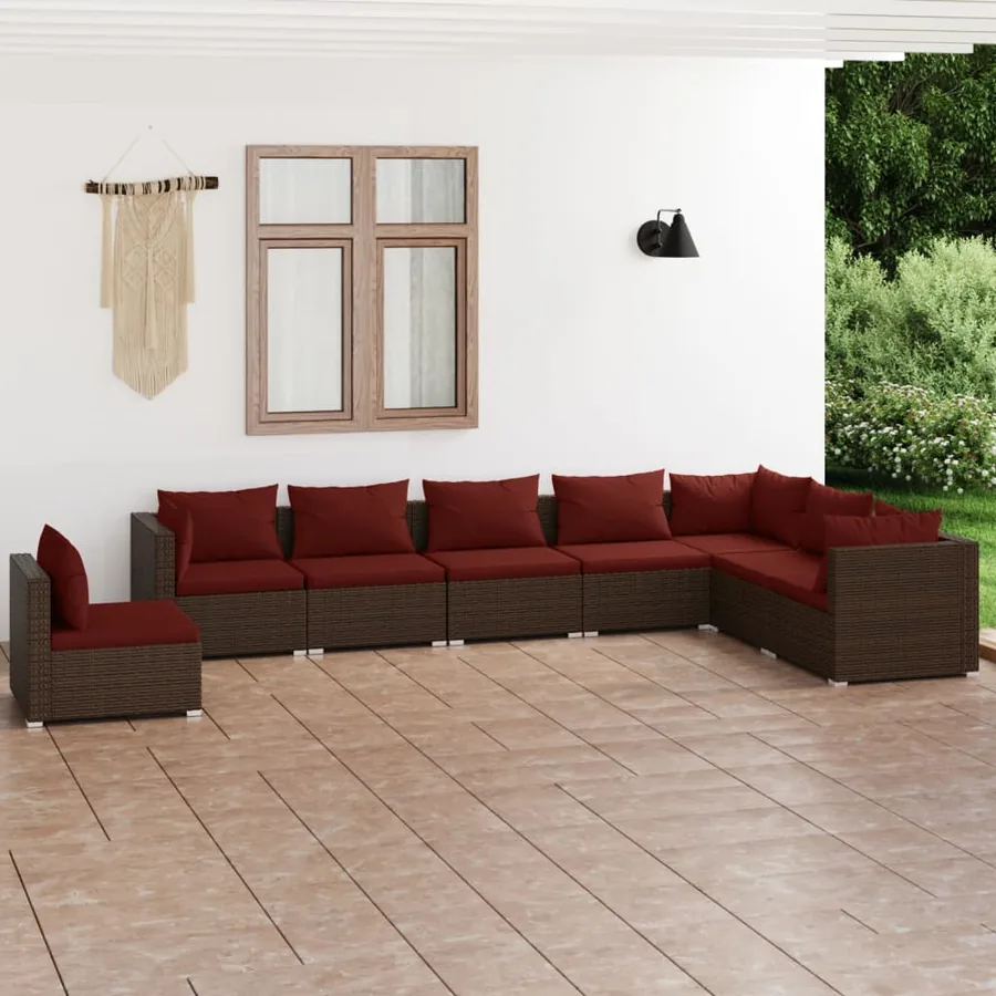Salon de jardin 8 pcs avec coussins résine tressée marron