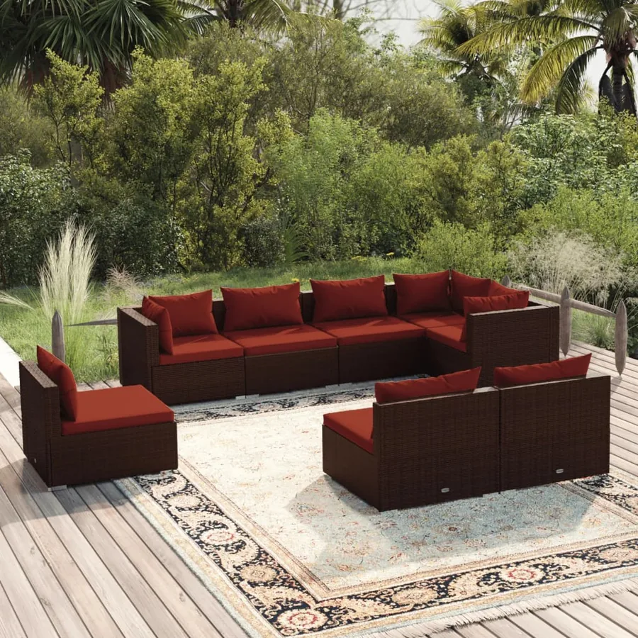 Salon de jardin 8 pcs avec coussins résine tressée marron