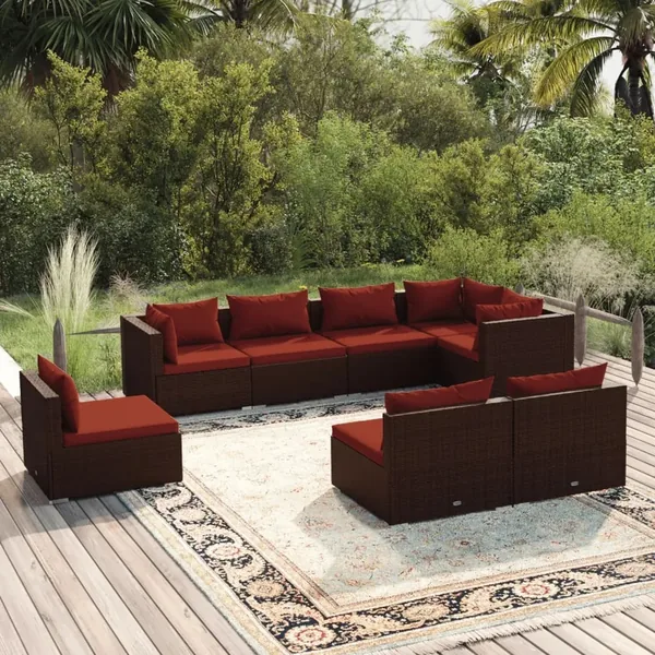 Salon de jardin 8 pcs avec coussins résine tressée marron