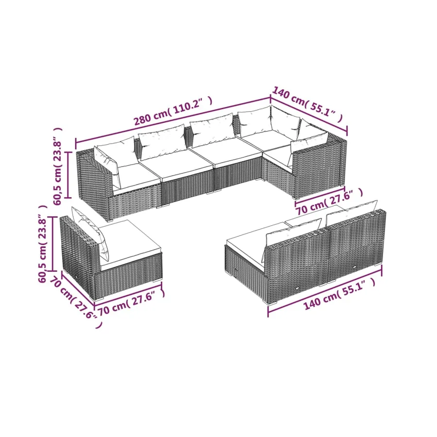Salon de jardin 8 pcs avec coussins résine tressée marron - 5