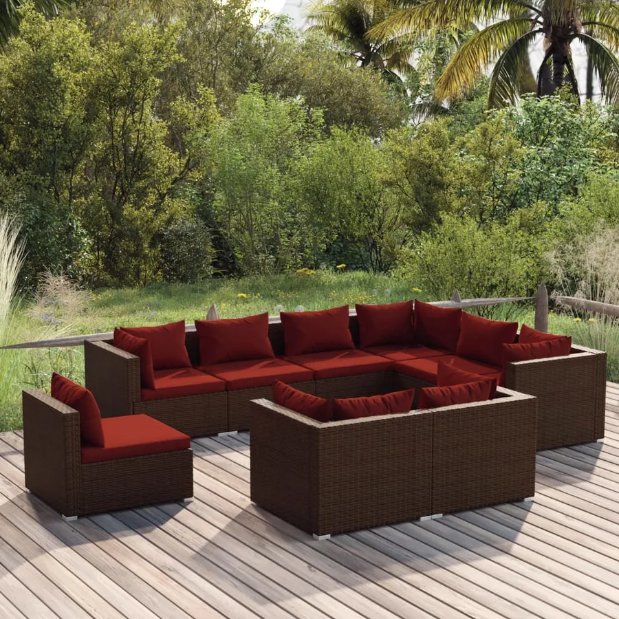 Salon de jardin 9 pcs avec coussins Résine tressée Marron