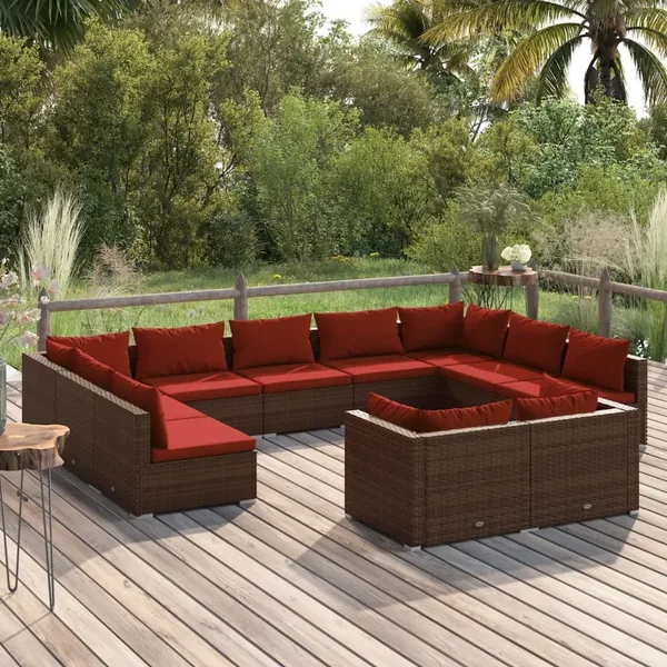Salon de jardin 11 pcs avec coussins marron résine tressée