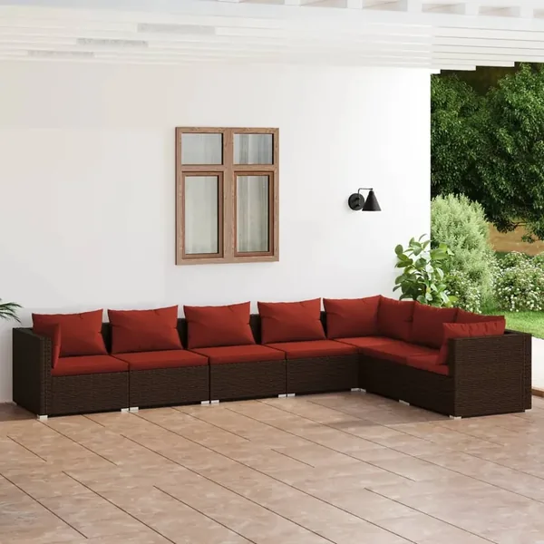 Salon de jardin 7 pcs avec coussins Résine tressée Marron