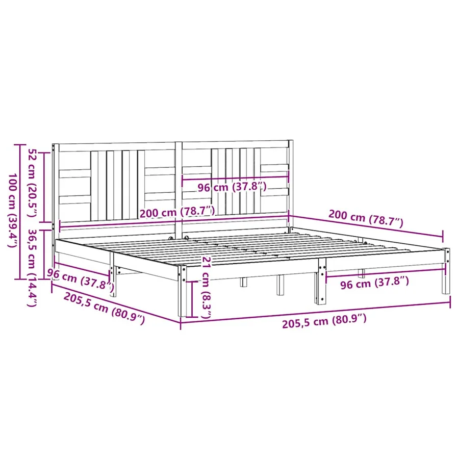 Cadre de lit sans matelas gris 200x200 cm bois massif - 9