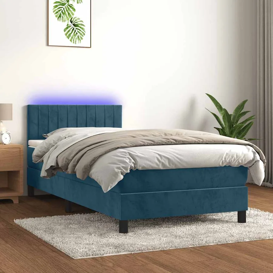 Sommier à lattes de lit et matelas et LED Bleu foncé 90x200cm