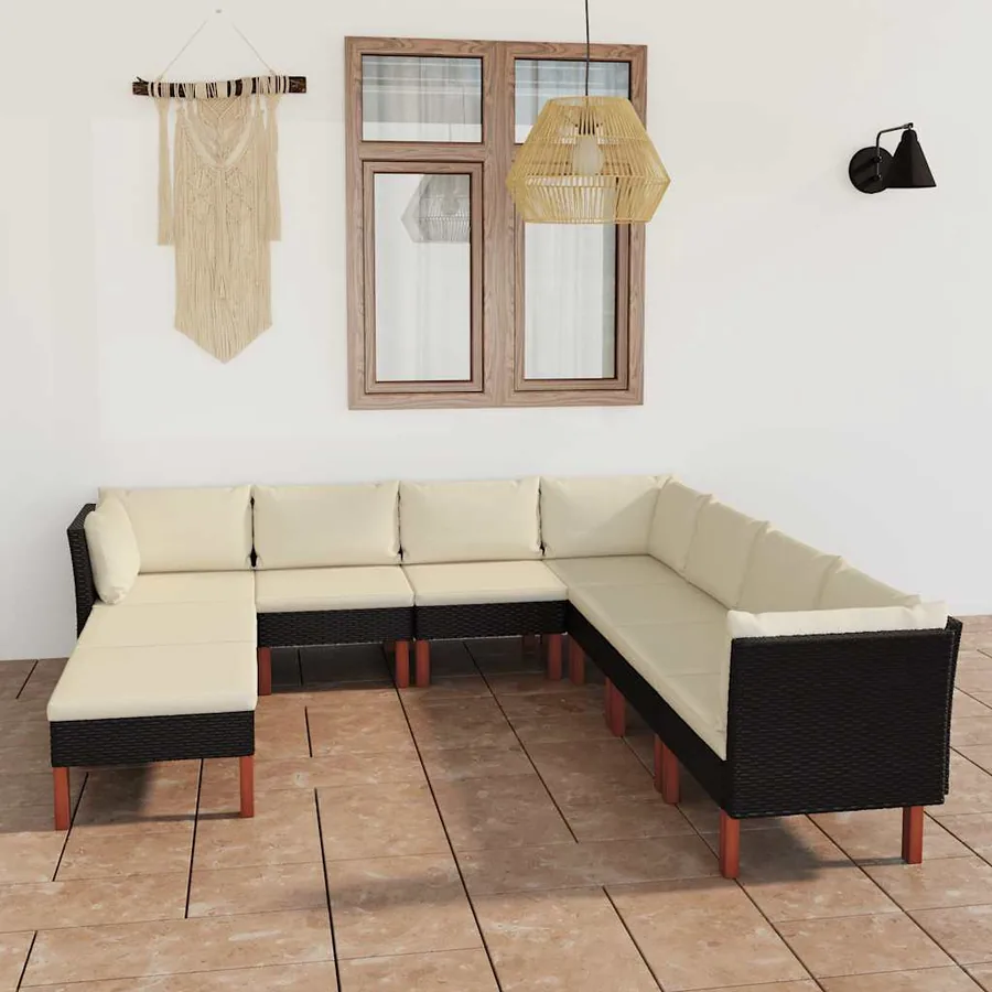 Salon de jardin 9 pcs avec coussins Résine tressée Noir