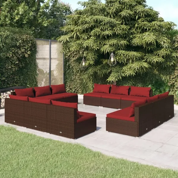 Salon de jardin 12 pcs avec coussins Résine tressée Marron