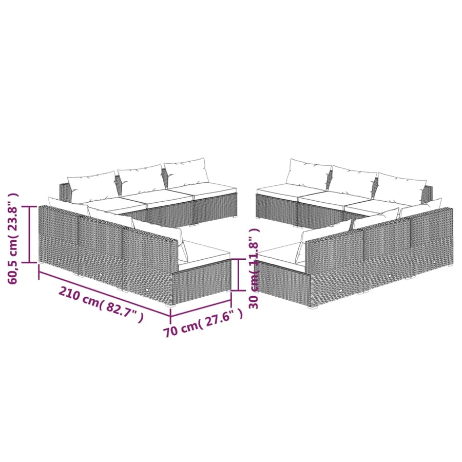 Salon de jardin 12 pcs avec coussins Résine tressée Marron - 5