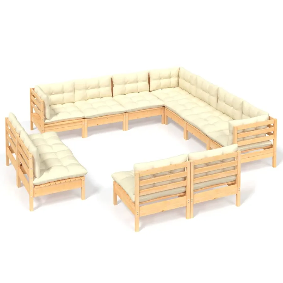 Salon de jardin 11 pcs avec coussins crème Bois de pin solide - 2