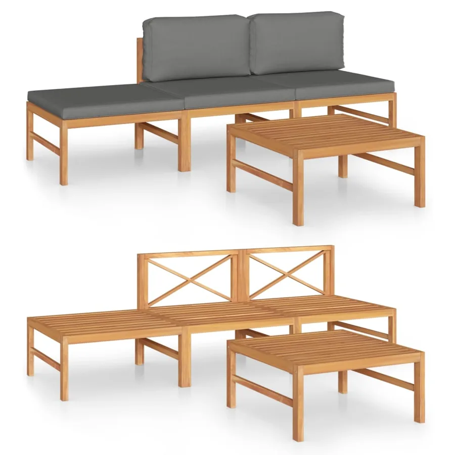 Salon de jardin 4 pcs avec coussins gris Bois de teck solide - 2