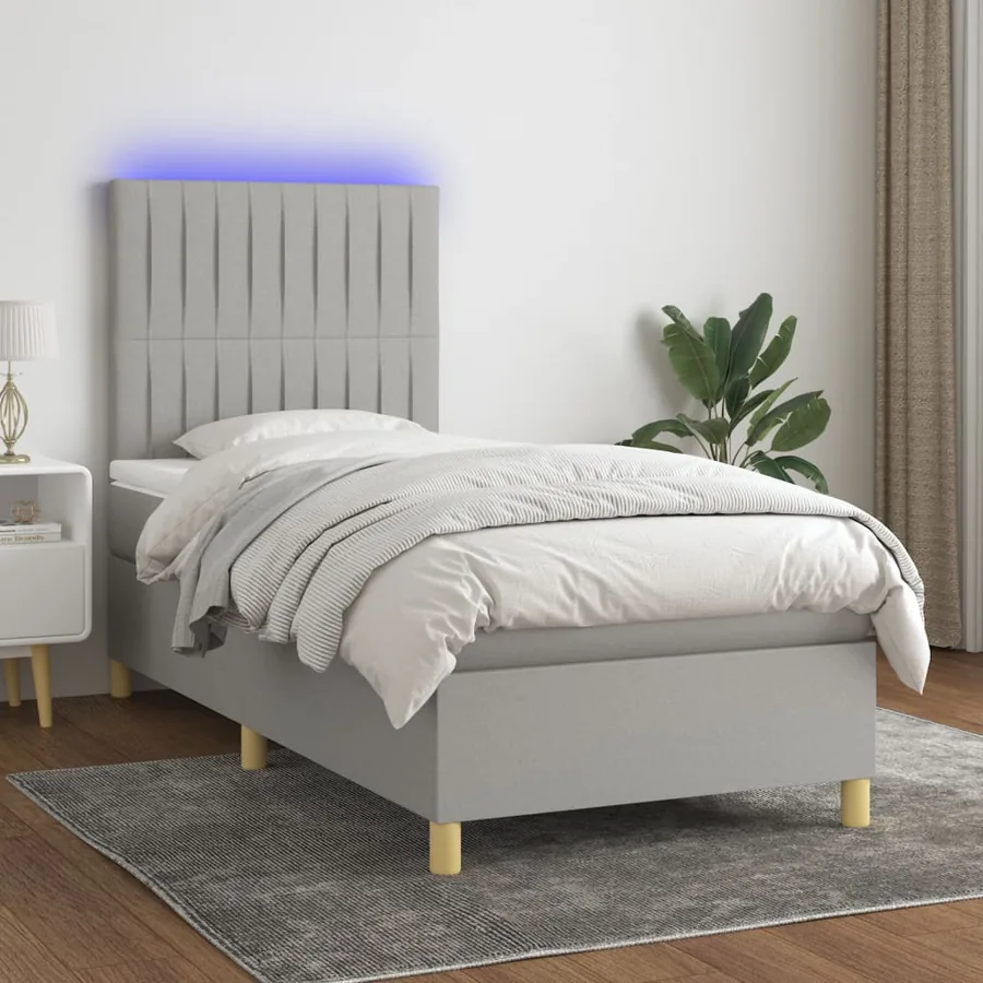 Sommier à lattes de lit et matelas et LED Gris clair 90x190 cm