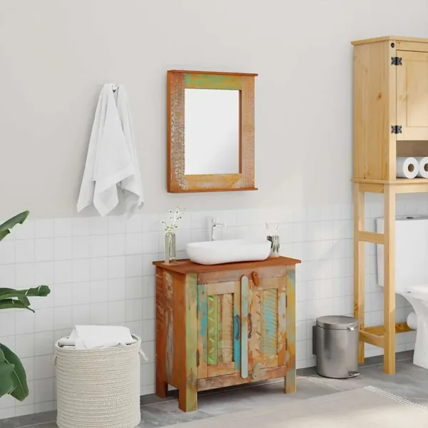 Ensemble meuble sous vasque et miroir en bois massif recyclé