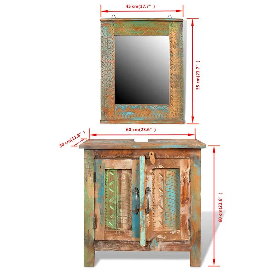 Ensemble meuble sous vasque et miroir en bois massif recyclé - 18