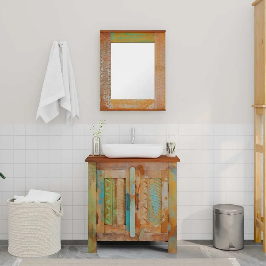 Ensemble meuble sous vasque et miroir en bois massif recyclé - 3