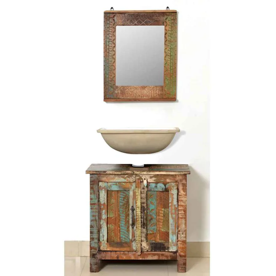 Ensemble meuble sous vasque et miroir en bois massif recyclé - 5